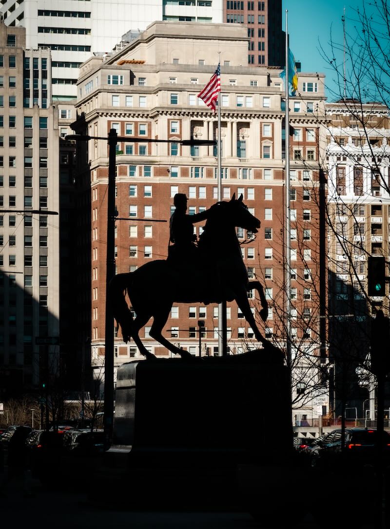 Silhouette of an Equestrian Statue in Center City, Philadelphia