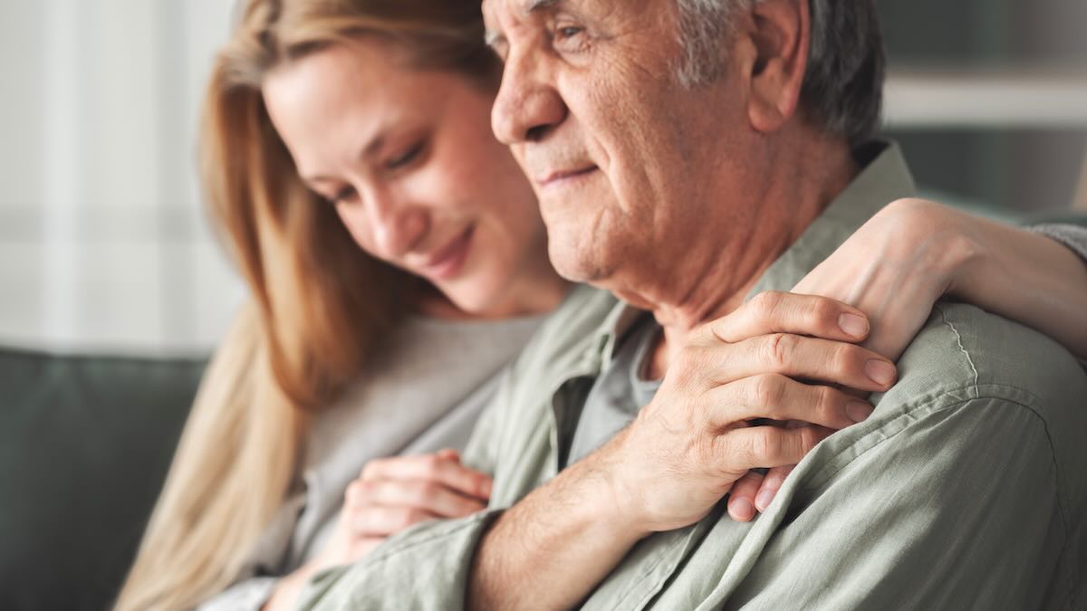 Daughter with elderly dad, spending time together 